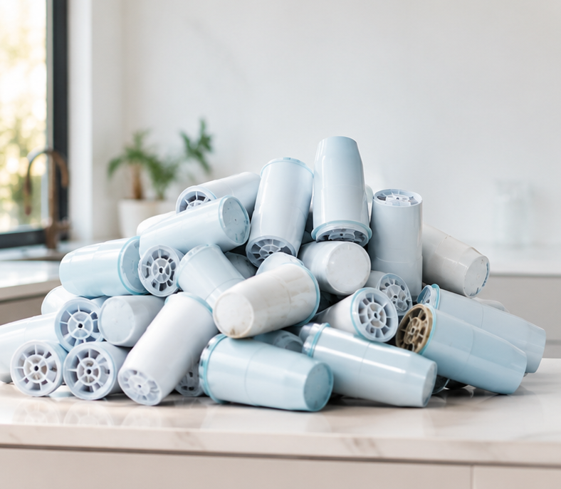 A pile of spent ZeroWater filters